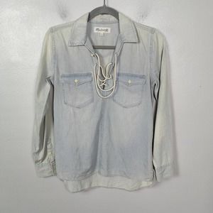 Madewell Chambray Top Women's XS Light Wash Lace Up Neckline Pockets